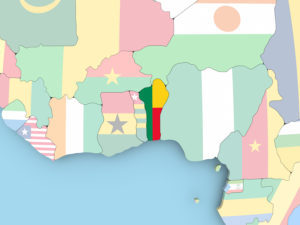 Guinea on map with embedded flag. 3D illustration.