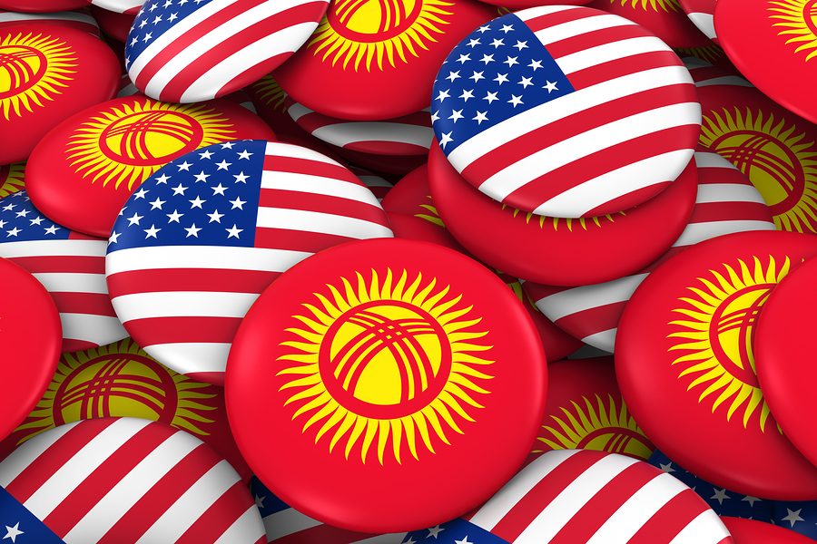 USA and Kyrgyzstan Badges Background - Pile of American and Kyrgyzstani Flag Buttons 3D Illustration