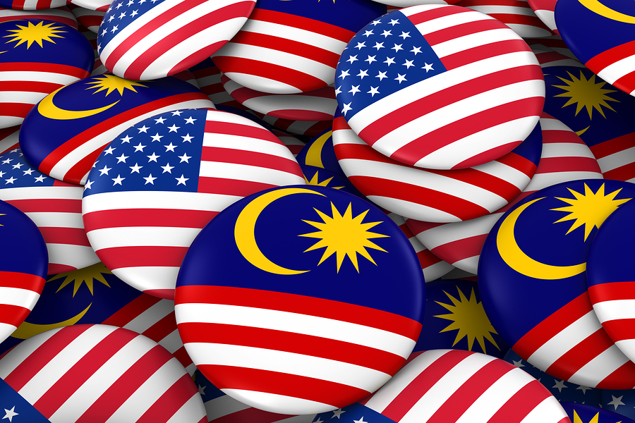 USA and Malaysia Badges Background - Pile of American and Malaysian Flag Buttons 3D Illustration