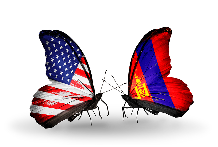 Two butterflies with flags on wings as symbol of relations USA and Mongolia