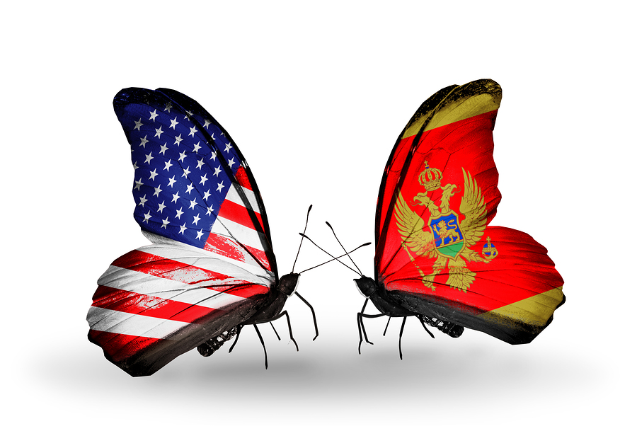 Two butterflies with flags on wings as symbol of relations USA and Montenegro